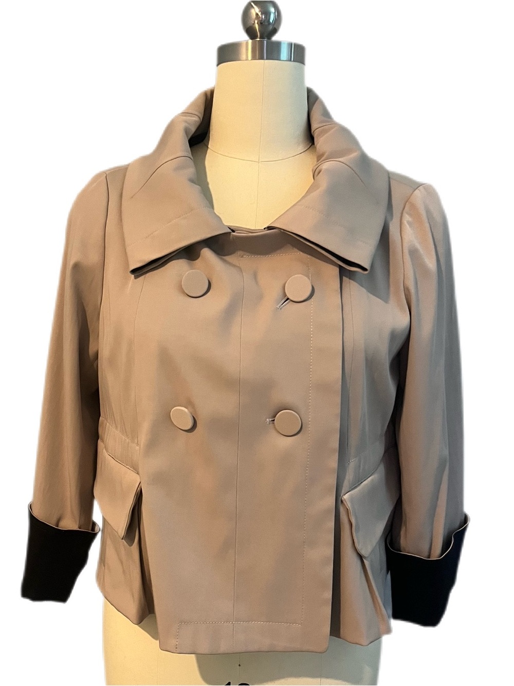 Vintage Etcetera Tan and Black Cropped Double-Breasted Trench